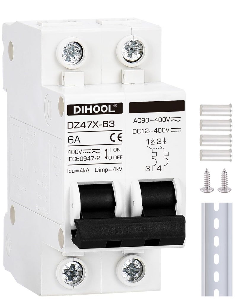 DIHOOL Solar Disconnect Switch, 6 Amp 2 Pole, DIN Rail Mount, Non Polarized, 12V 24V 48V 400V, AC/DC Circuit Breaker, RV Battery Isolator, PV Array MCB, Thermal Magnetic Trip - Image 1